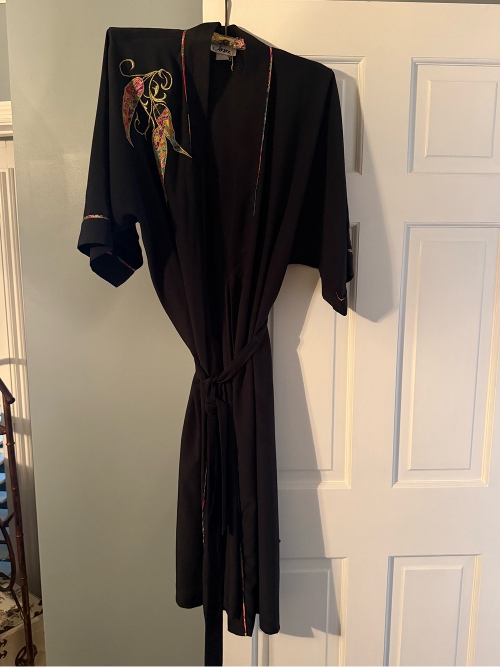 Black Embroidered Long-Sleeve Wrap Dress with Tie Waist